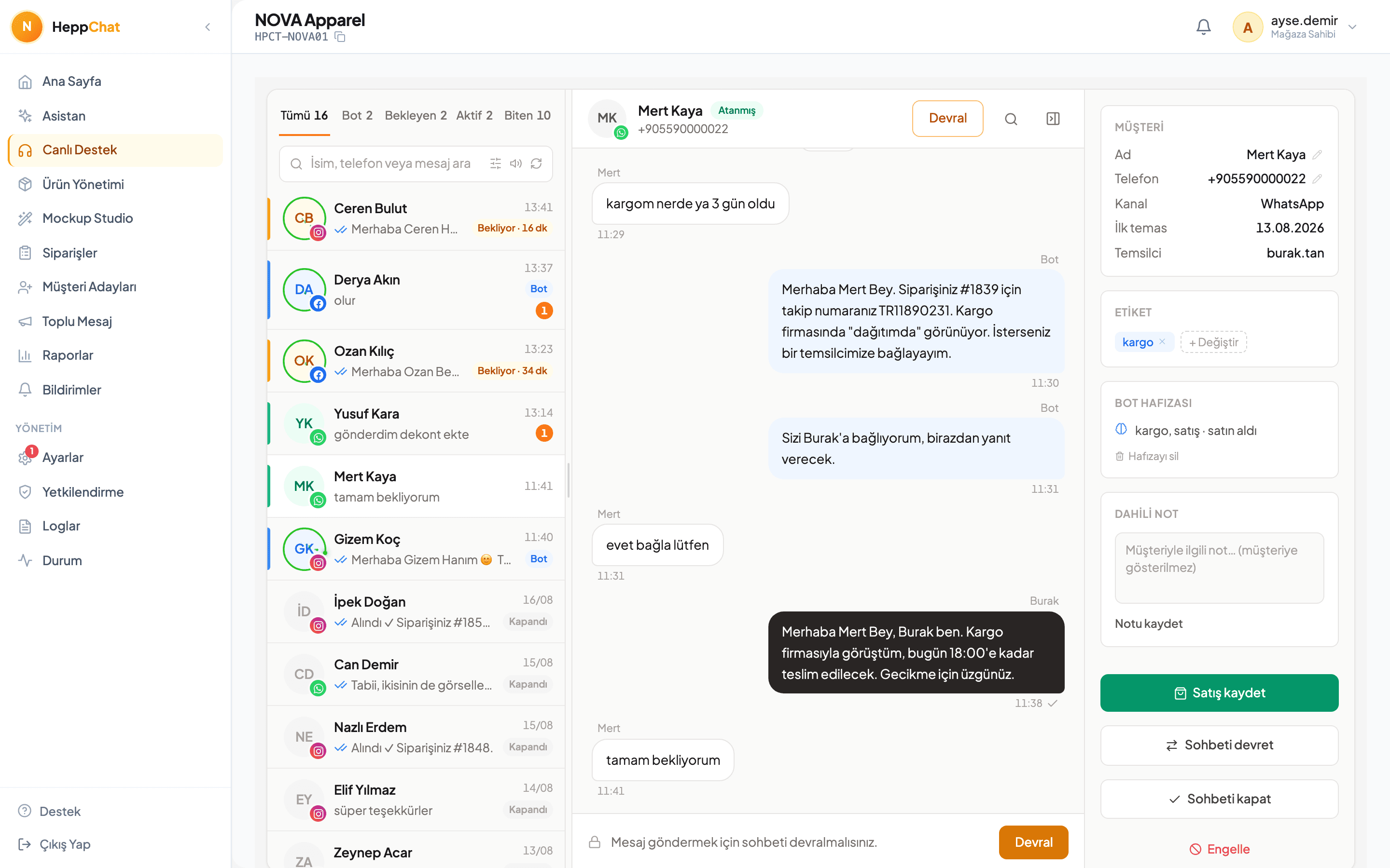 Gerçek panel — bot ürünü buldu, ekip devraldı