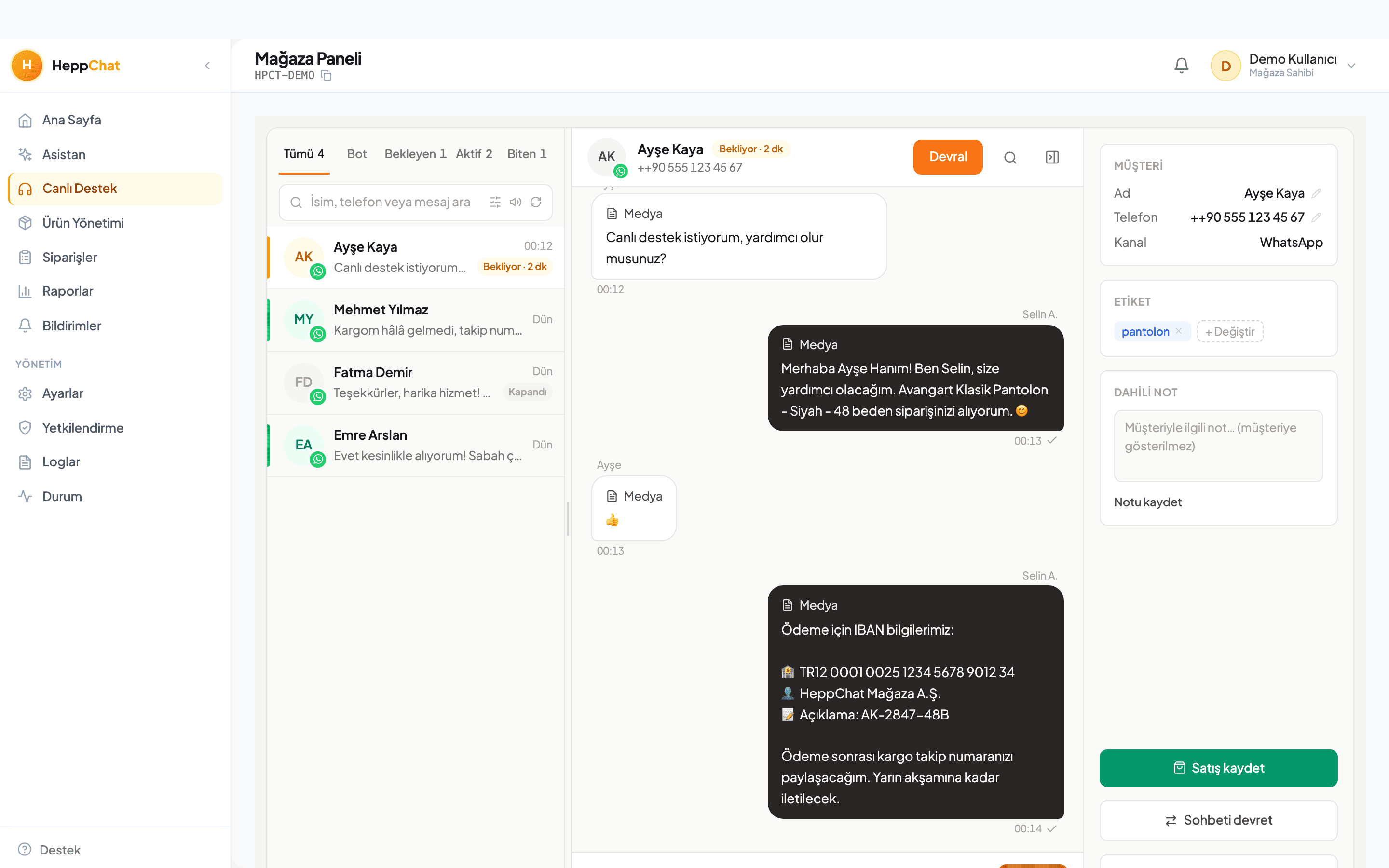 HeppChat paneli — canlı destek gelen kutusu